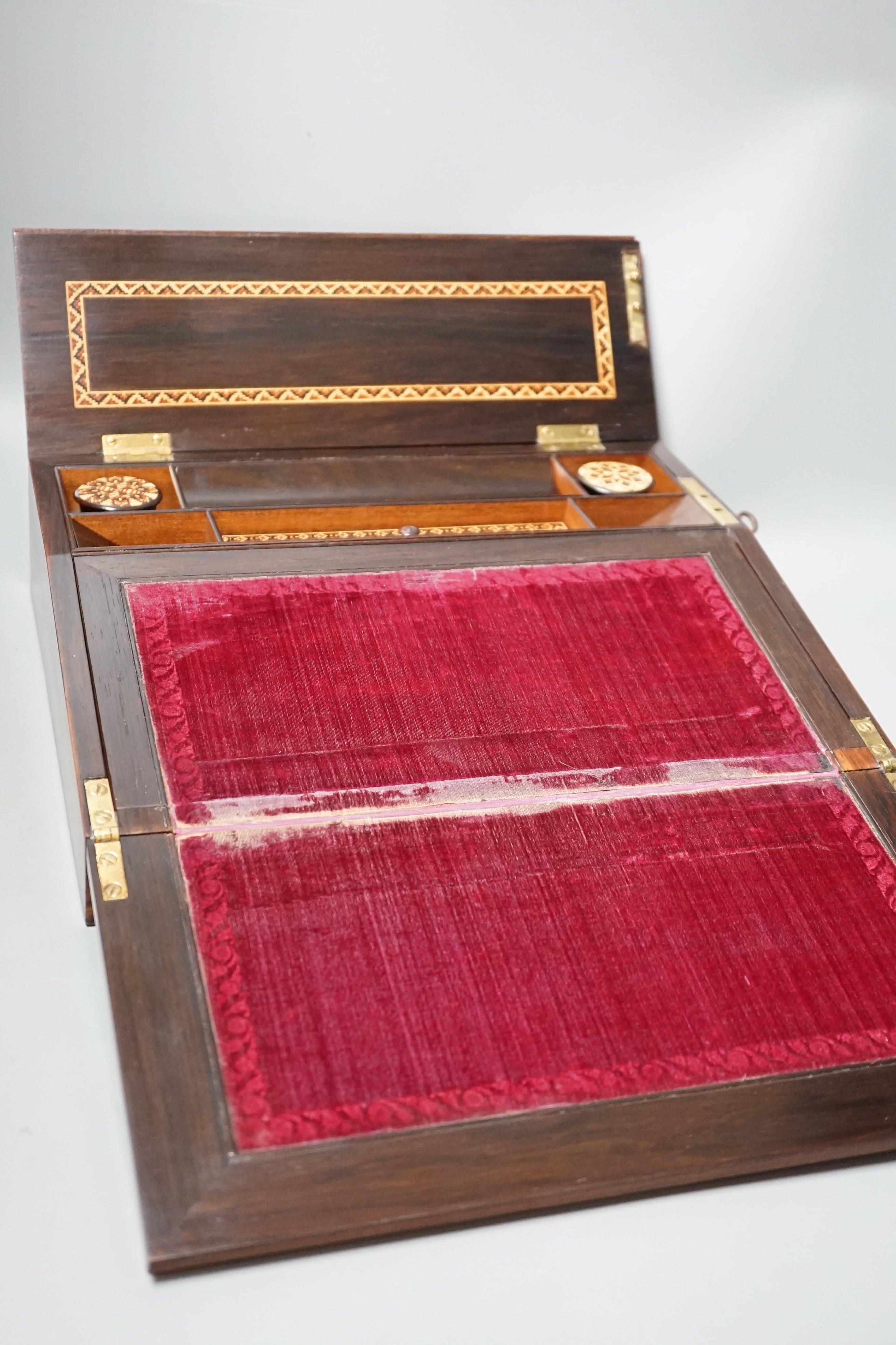 A Tunbridge ware rosewood, perspective cube marquetry and mosaic writing slope, view of Hever castle, 30.5cm wide